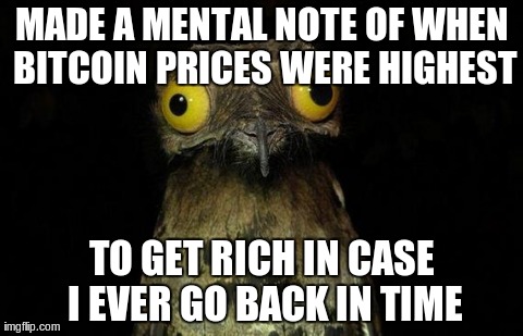 Weird Stuff I Do Potoo | MADE A MENTAL NOTE OF WHEN BITCOIN PRICES WERE HIGHEST TO GET RICH IN CASE I EVER GO BACK IN TIME | image tagged in memes,weird stuff i do potoo,AdviceAnimals | made w/ Imgflip meme maker
