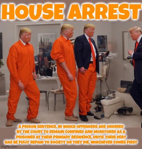 HOUSE ARREST | HOUSE ARREST; A PRISON SENTENCE, IN WHICH OFFENDERS ARE ORDERED BY THE COURT TO REMAIN CONFINED AND MONITORED AS A PRISONER AT THEIR PRIMARY RESIDENCE, UNTIL THEIR DEBT HAS BE FULLY REPAID TO SOCIETY OR THEY DIE, WHICHEVER COMES FIRST | image tagged in house arrest,prison,capture,detention,jail,confinement | made w/ Imgflip meme maker