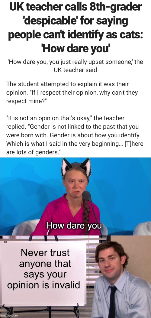 Gender fascism. Think like us or else. | How dare you; Never trust anyone that says your opinion is invalid | image tagged in how dare you - greta thunberg,jim halpert explains | made w/ Imgflip meme maker