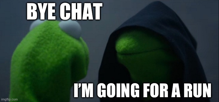 Yes, I touch grass | BYE CHAT; I’M GOING FOR A RUN | image tagged in memes,evil kermit | made w/ Imgflip meme maker