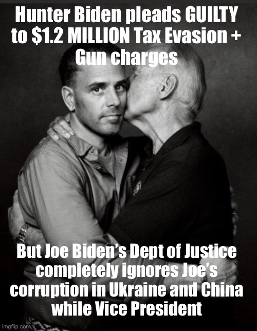 Dad’s DOJ gives Hunter a slap on the wrist and hopes things cool down after this | Hunter Biden pleads GUILTY 
to $1.2 MILLION Tax Evasion + 
Gun charges; But Joe Biden’s Dept of Justice 
completely ignores Joe’s 
corruption in Ukraine and China 
while Vice President | image tagged in hunter biden,joe biden | made w/ Imgflip meme maker