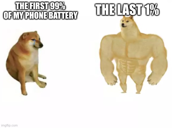 buff doge vs cheems reversed | THE LAST 1%; THE FIRST 99% OF MY PHONE BATTERY | image tagged in buff doge vs cheems reversed | made w/ Imgflip meme maker