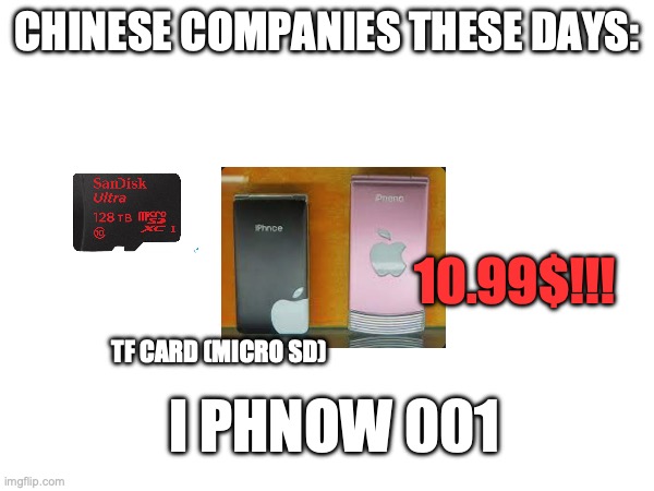 Happens commonly over Alibaba.com . | CHINESE COMPANIES THESE DAYS:; 10.99$!!! TF CARD (MICRO SD); I PHNOW 001 | image tagged in knockoff,chinese,products,relatable | made w/ Imgflip meme maker