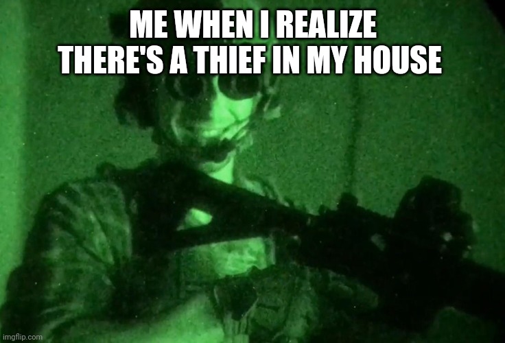 Garand Thumb Night Vision | ME WHEN I REALIZE THERE'S A THIEF IN MY HOUSE | image tagged in garand thumb night vision | made w/ Imgflip meme maker