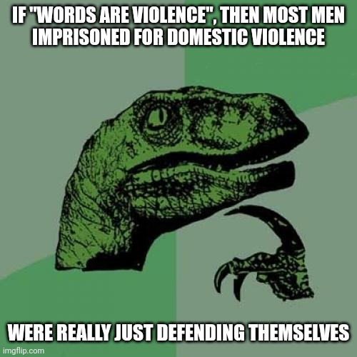 I mean, it's not wrong, since the left accepts provocation as an excuse for their own actions | IF "WORDS ARE VIOLENCE", THEN MOST MEN
IMPRISONED FOR DOMESTIC VIOLENCE; WERE REALLY JUST DEFENDING THEMSELVES | image tagged in memes,philosoraptor,politics | made w/ Imgflip meme maker