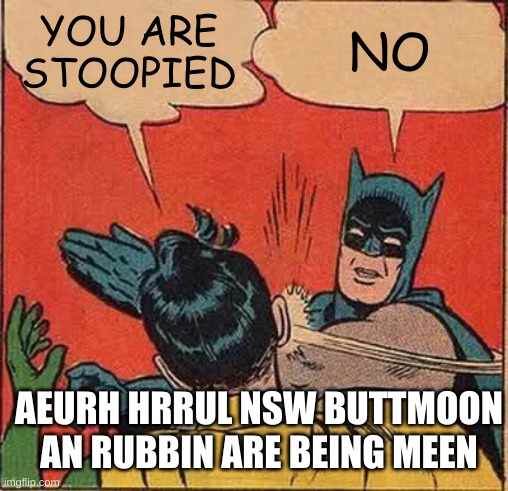 Batman Slapping Robin | YOU ARE STOOPIED; NO; AEURH HRRUL NSW BUTTMOON AN RUBBIN ARE BEING MEEN | image tagged in memes,batman slapping robin | made w/ Imgflip meme maker