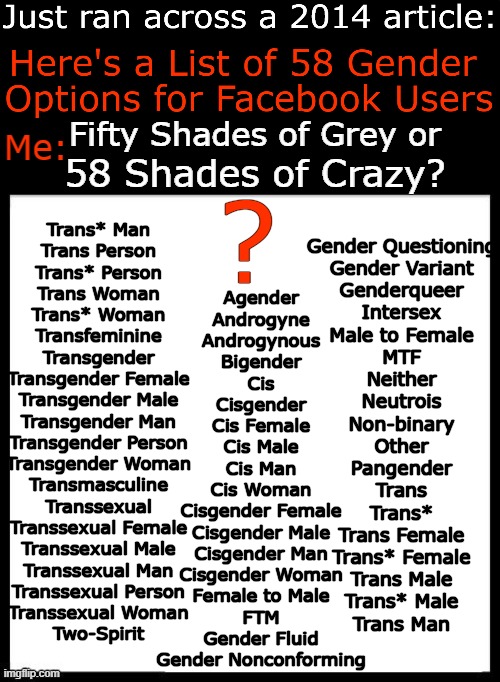 I Question the Agenda of Facebook and ABC News.... | Me:; Fifty Shades of Grey or; 58 Shades of Crazy? ? Gender Questioning
Gender Variant
Genderqueer
Intersex
Male to Female
MTF
Neither
Neutrois
Non-binary
Other
Pangender
Trans
Trans*
Trans Female
Trans* Female
Trans Male
Trans* Male
Trans Man; Trans* Man
Trans Person
Trans* Person
Trans Woman
Trans* Woman
Transfeminine
Transgender
Transgender Female
Transgender Male
Transgender Man
Transgender Person
Transgender Woman
Transmasculine
Transsexual
Transsexual Female
Transsexual Male
Transsexual Man
Transsexual Person
Transsexual Woman
Two-Spirit; Agender
Androgyne
Androgynous
Bigender
Cis
Cisgender
Cis Female
Cis Male
Cis Man
Cis Woman
Cisgender Female
Cisgender Male
Cisgender Man
Cisgender Woman
Female to Male
FTM
Gender Fluid
Gender Nonconforming | image tagged in politics,political humor,liberals vs conservatives,gender identity,gender confusion,50 shades of grey | made w/ Imgflip meme maker