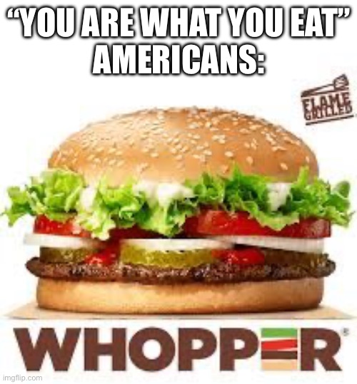 USA slander | “YOU ARE WHAT YOU EAT”
AMERICANS: | image tagged in whopper bk,whopper,burger king,burger,american,slander | made w/ Imgflip meme maker