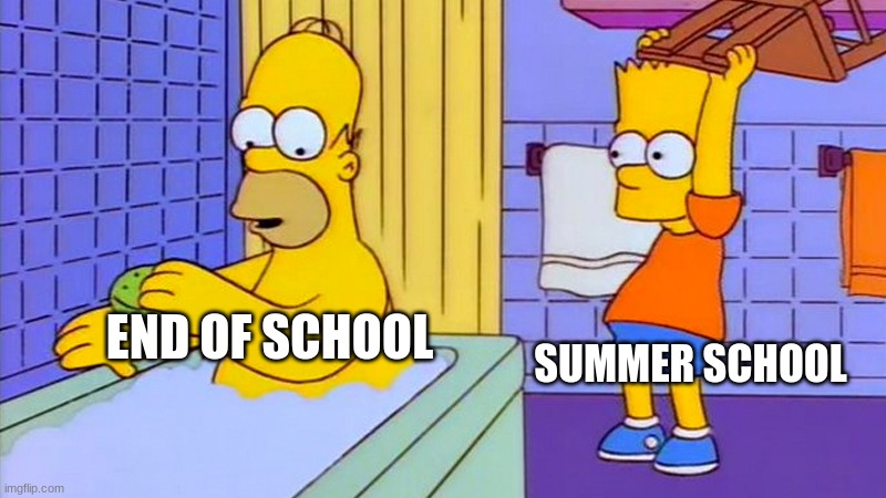 bart hitting homer with a chair | SUMMER SCHOOL; END OF SCHOOL | image tagged in bart hitting homer with a chair | made w/ Imgflip meme maker