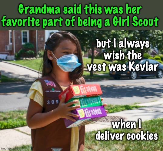Kids should never be afraid to knock on a neighbor's door | Grandma said this was her favorite part of being a Girl Scout; but I always wish the vest was Kevlar; when I deliver cookies | image tagged in girl scout cookies,guns,kids,safety | made w/ Imgflip meme maker