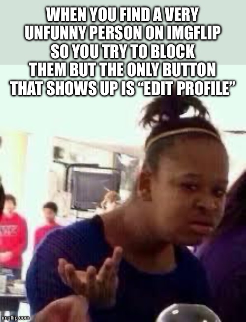 Wait a second, that username looks familiar… | WHEN YOU FIND A VERY UNFUNNY PERSON ON IMGFLIP SO YOU TRY TO BLOCK THEM BUT THE ONLY BUTTON THAT SHOWS UP IS “EDIT PROFILE” | image tagged in bruh,edit,profile,block,blocked,unfunny | made w/ Imgflip meme maker