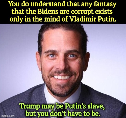 Donald Jr. is still using. | You do understand that any fantasy 
that the Bidens are corrupt exists 
only in the mind of Vladimir Putin. Trump may be Putin's slave, 
but you don't have to be. | image tagged in hunter biden,innocent,corruption,putin,fantasy | made w/ Imgflip meme maker
