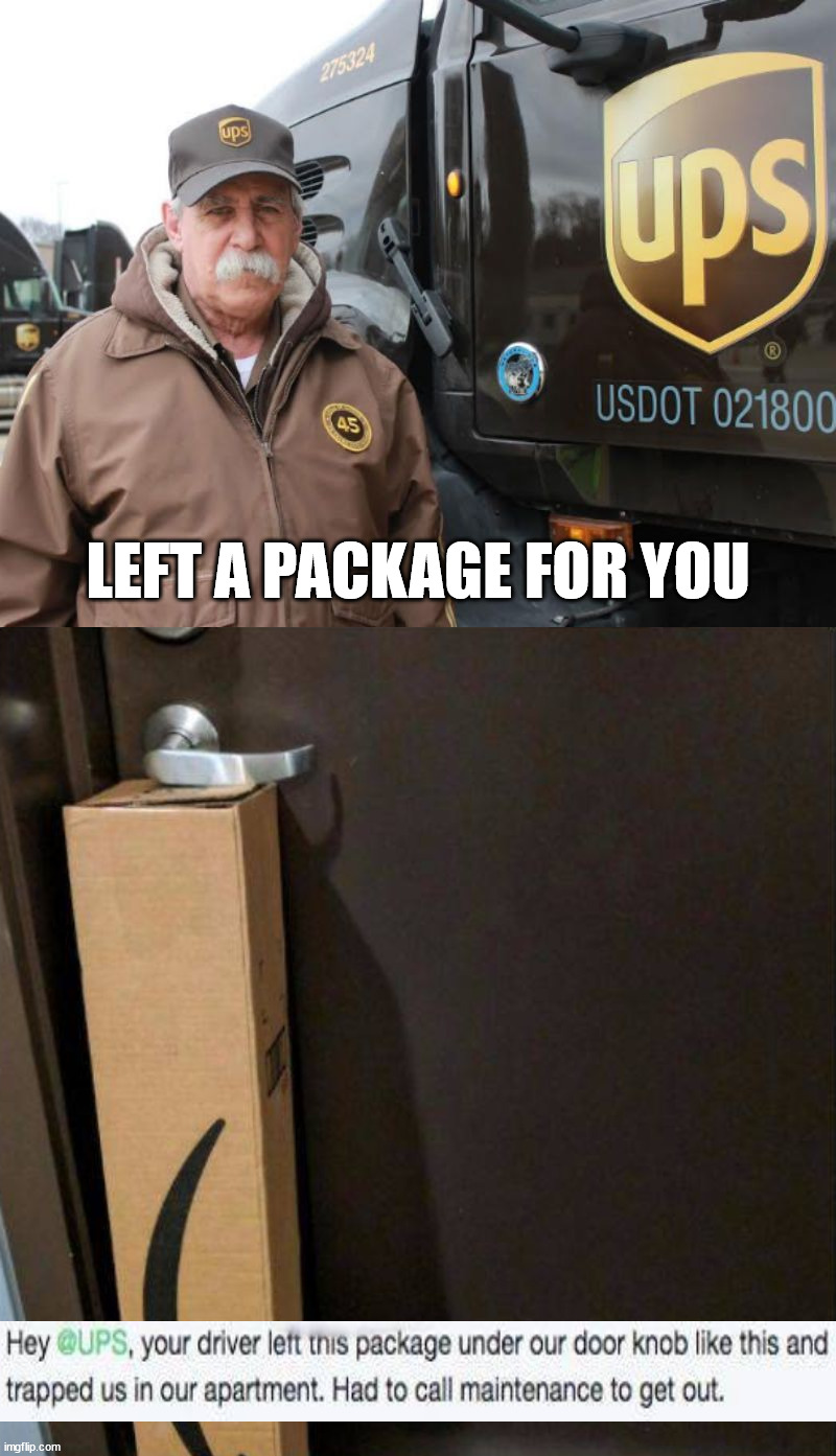 Task failed | LEFT A PACKAGE FOR YOU | image tagged in ups driver,fail | made w/ Imgflip meme maker