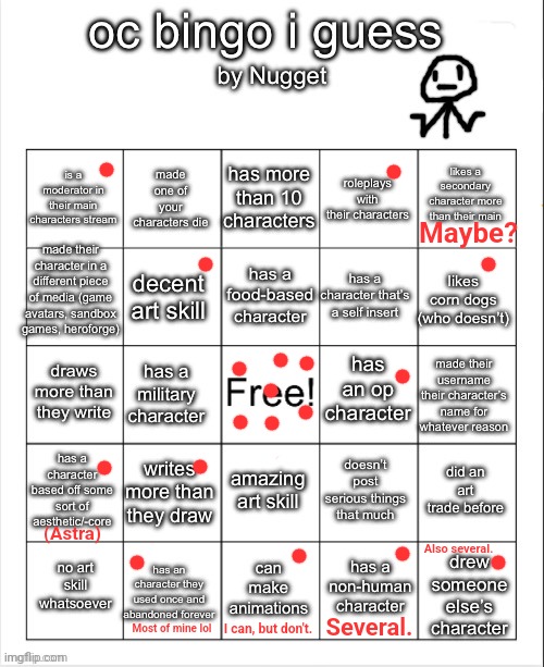 Ye | Maybe? (Astra); Also several. Most of mine lol; I can, but don't. Several. | image tagged in nugget s oc bingo i guess why am i doing this | made w/ Imgflip meme maker