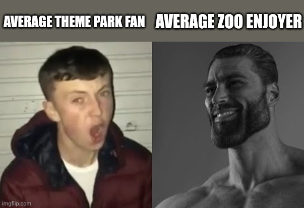 Theme Parks vs. Zoos Meme | AVERAGE THEME PARK FAN; AVERAGE ZOO ENJOYER | image tagged in average enjoyer meme | made w/ Imgflip meme maker