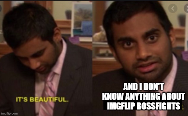 this is beautiful, ive looked at it for 5 hours now | AND I DON'T KNOW ANYTHING ABOUT IMGFLIP BOSSFIGHTS | image tagged in this is beautiful ive looked at it for 5 hours now | made w/ Imgflip meme maker
