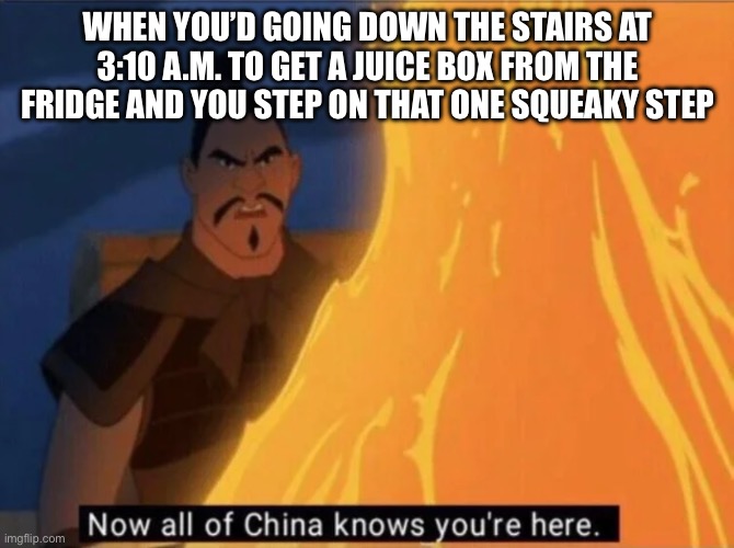 Now all of China knows you're here | WHEN YOU’D GOING DOWN THE STAIRS AT 3:10 A.M. TO GET A JUICE BOX FROM THE FRIDGE AND YOU STEP ON THAT ONE SQUEAKY STEP | image tagged in now all of china knows you're here | made w/ Imgflip meme maker