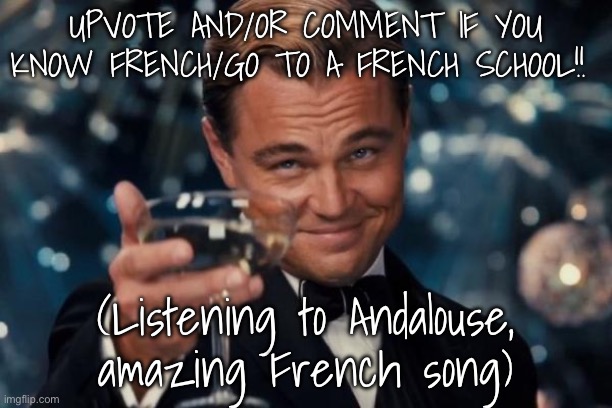 Leonardo Dicaprio Cheers Meme | UPVOTE AND/OR COMMENT IF YOU KNOW FRENCH/GO TO A FRENCH SCHOOL!! (Listening to Andalouse, amazing French song) | image tagged in memes,leonardo dicaprio cheers | made w/ Imgflip meme maker