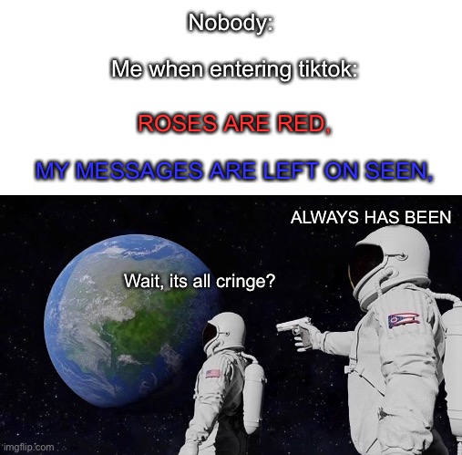 Why is it so cringe?? | Nobody:; Me when entering tiktok:; ROSES ARE RED, MY MESSAGES ARE LEFT ON SEEN, ALWAYS HAS BEEN; Wait, its all cringe? | image tagged in memes,always has been,funny,true,tiktok,rhymes | made w/ Imgflip meme maker