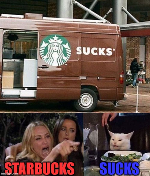 starbucks | SUCKS; STARBUCKS | image tagged in woman yelling at cat,starbucks,memes,funny,hilarious memes | made w/ Imgflip meme maker