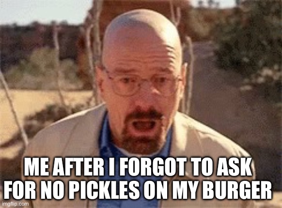 pickles dont belong on burgers | ME AFTER I FORGOT TO ASK FOR NO PICKLES ON MY BURGER | image tagged in walter white | made w/ Imgflip meme maker