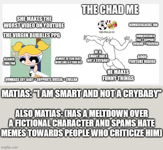 Tell me you're a narcissist without telling me you're a narcissist | MATIAS: "I AM SMART AND NOT A CRYBABY"; ALSO MATIAS: (HAS A MELTDOWN OVER A FICTIONAL CHARACTER AND SPAMS HATE MEMES TOWARDS PEOPLE WHO CRITICIZE HIM) | image tagged in the powerpuff girls,bubbles | made w/ Imgflip meme maker