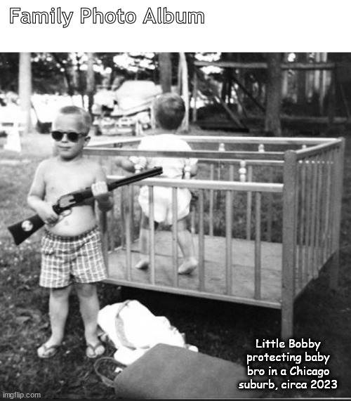 Family Photo Album; Little Bobby protecting baby bro in a Chicago suburb, circa 2023 | made w/ Imgflip meme maker