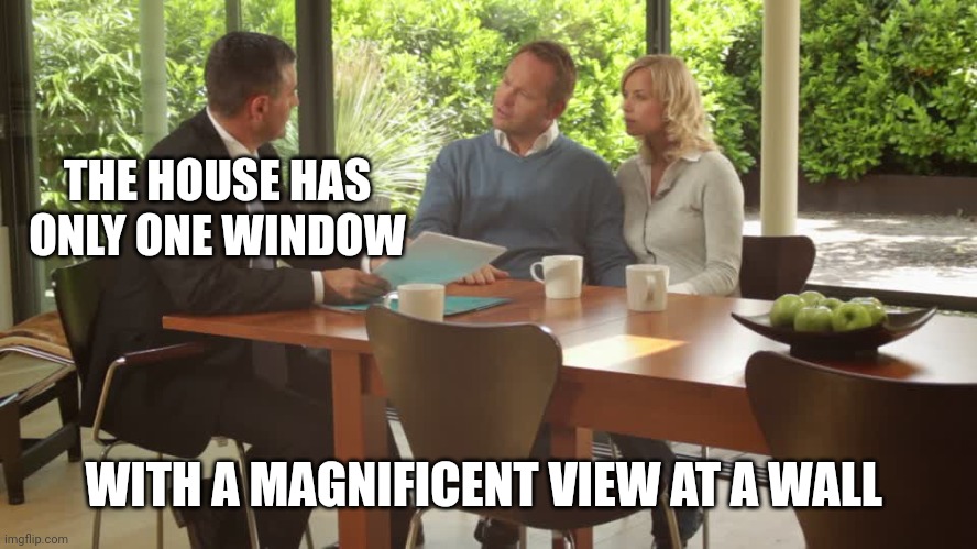 Real Estate | THE HOUSE HAS ONLY ONE WINDOW WITH A MAGNIFICENT VIEW AT A WALL | image tagged in real estate | made w/ Imgflip meme maker