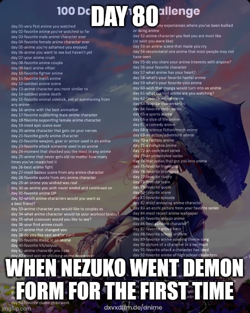 100 day anime challenge | DAY 80; WHEN NEZUKO WENT DEMON FORM FOR THE FIRST TIME | image tagged in 100 day anime challenge | made w/ Imgflip meme maker