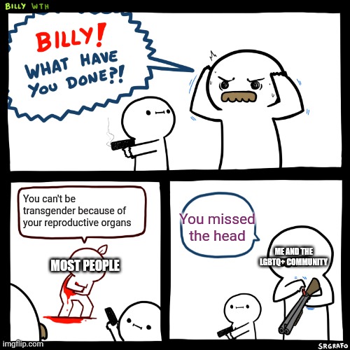 SUPPORT | You can't be transgender because of your reproductive organs; You missed the head; ME AND THE LGBTQ+ COMMUNITY; MOST PEOPLE | image tagged in billy what have you done,lgbtq | made w/ Imgflip meme maker