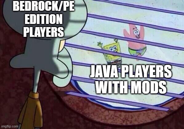 minecraft meme | BEDROCK/PE EDITION PLAYERS; JAVA PLAYERS WITH MODS | image tagged in squidward window,minecraft | made w/ Imgflip meme maker