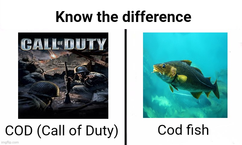COD | Know the difference; Cod fish; COD (Call of Duty) | image tagged in know the difference psychic and side kick,cod,fish,call of duty,gaming,memes | made w/ Imgflip meme maker
