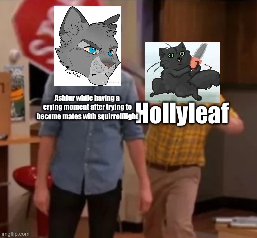Gibby hitting Spencer with a stop sign | Ashfur while having a crying moment after trying to become mates with squirrelflight; Hollyleaf | image tagged in gibby hitting spencer with a stop sign,memes,warrior cats,icarly | made w/ Imgflip meme maker