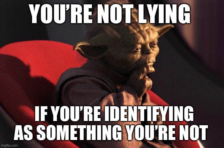 thinking_yoda | YOU’RE NOT LYING; IF YOU’RE IDENTIFYING AS SOMETHING YOU’RE NOT | image tagged in thinking_yoda | made w/ Imgflip meme maker