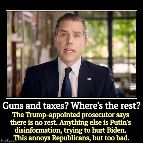 But Trump's boxes! | Guns and taxes? Where's the rest? | The Trump-appointed prosecutor says 
there is no rest. Anything else is Putin's 
disinformation, trying  | image tagged in funny,demotivationals,hunter biden,clean,republican,lies | made w/ Imgflip demotivational maker