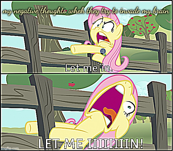 Fluttershy "Let Me In!" | my negative thoughts wheh they try to invade my brain | image tagged in fluttershy let me in | made w/ Imgflip meme maker