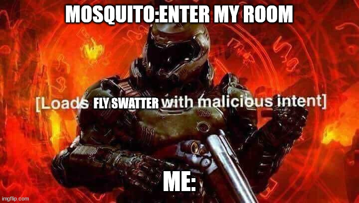 Im doing WW3 with an mosquito rn | MOSQUITO:ENTER MY ROOM; FLY SWATTER; ME: | image tagged in loads shotgun with malicious intent | made w/ Imgflip meme maker