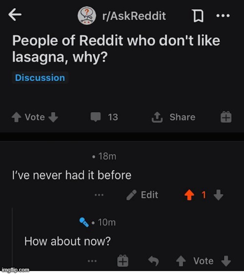"I don't like it because I've never had it before." | image tagged in reddit,lasagna,facepalm | made w/ Imgflip meme maker