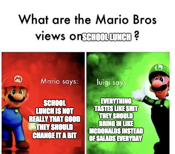 Mario Bros Views | SCHOOL LUNCH; SCHOOL LUNCH IS NOT REALLY THAT GOOD THEY SHOULD CHANGE IT A BIT; EVERYTHING TASTES LIKE SHIT THEY SHOULD BRING IN LIKE MCDONALDS INSTEAD OF SALADS EVERYDAY | image tagged in mario bros views | made w/ Imgflip meme maker