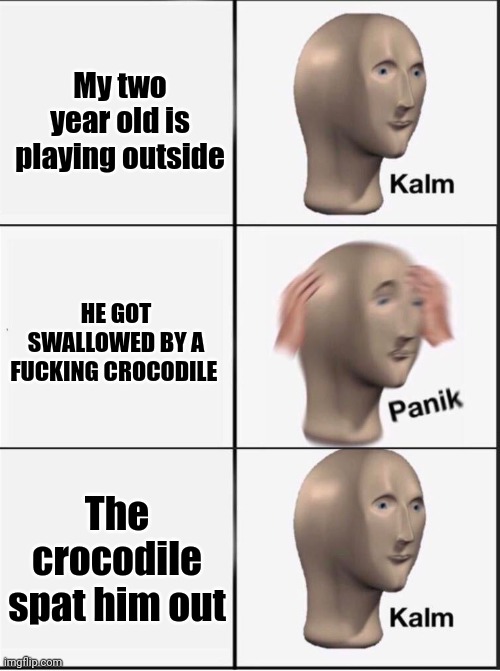 Reverse kalm panik | My two year old is playing outside HE GOT SWALLOWED BY A FUCKING CROCODILE The crocodile spat him out | image tagged in reverse kalm panik | made w/ Imgflip meme maker