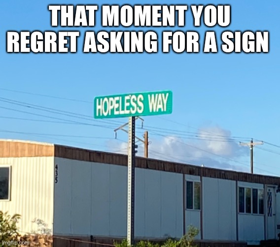 Let this be a sign to you | THAT MOMENT YOU REGRET ASKING FOR A SIGN | image tagged in funny meme,hopeless,regret,street sign | made w/ Imgflip meme maker