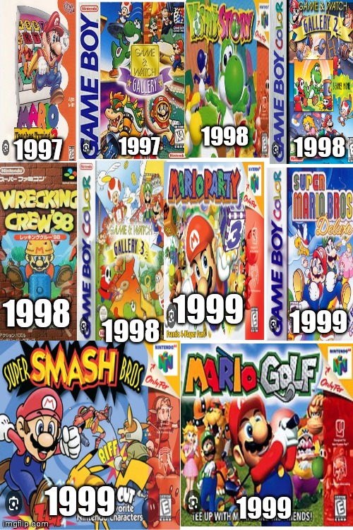 Mario games from the 90s part 2 | 1998; 1997; 1998; 1997; 1998; 1999; 1999; 1998; 1999; 1999 | image tagged in funny memes,mario games,cartoons,video games,1990s,millennial childhood era | made w/ Imgflip meme maker