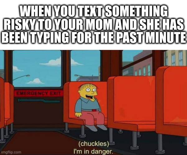 risky text | WHEN YOU TEXT SOMETHING RISKY TO YOUR MOM AND SHE HAS BEEN TYPING FOR THE PAST MINUTE | image tagged in i'm in danger blank place above,risky,risk,text,mom,texting | made w/ Imgflip meme maker
