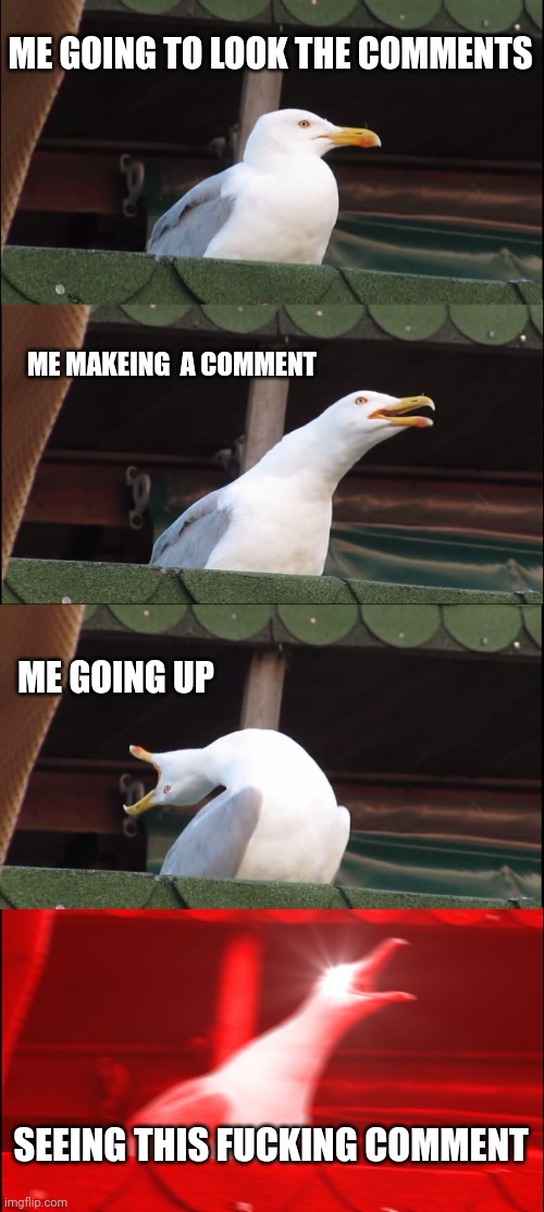 ME GOING TO LOOK THE COMMENTS ME MAKEING  A COMMENT ME GOING UP SEEING THIS FUCKING COMMENT | image tagged in memes,inhaling seagull | made w/ Imgflip meme maker