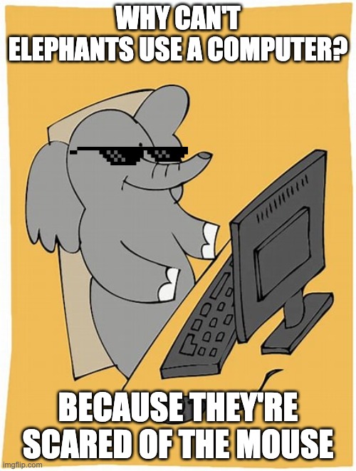 bro is cooked | WHY CAN'T ELEPHANTS USE A COMPUTER? BECAUSE THEY'RE SCARED OF THE MOUSE | image tagged in elephant with computer | made w/ Imgflip meme maker