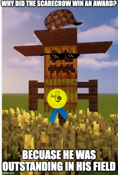 he is chill | WHY DID THE SCARECROW WIN AN AWARD? BECUASE HE WAS OUTSTANDING IN HIS FIELD | image tagged in minecraft | made w/ Imgflip meme maker