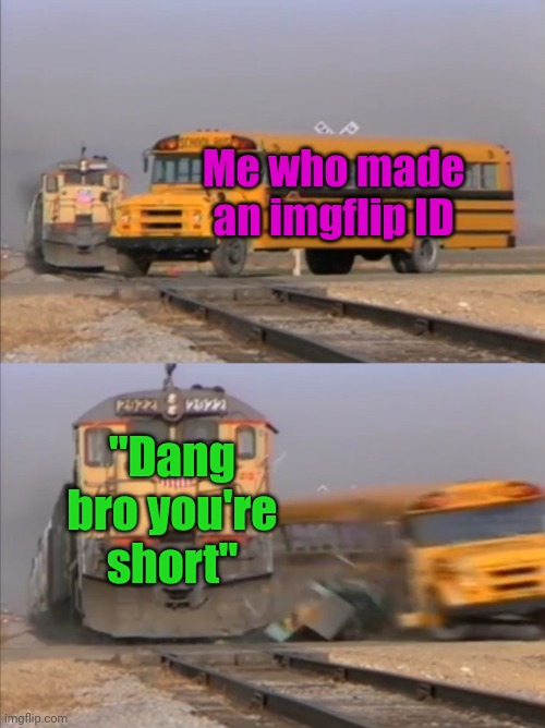 Meme #2,019 | Me who made an imgflip ID; "Dang bro you're short" | image tagged in train crashes bus,memes,imgflip id card,short,lol,whatever | made w/ Imgflip meme maker