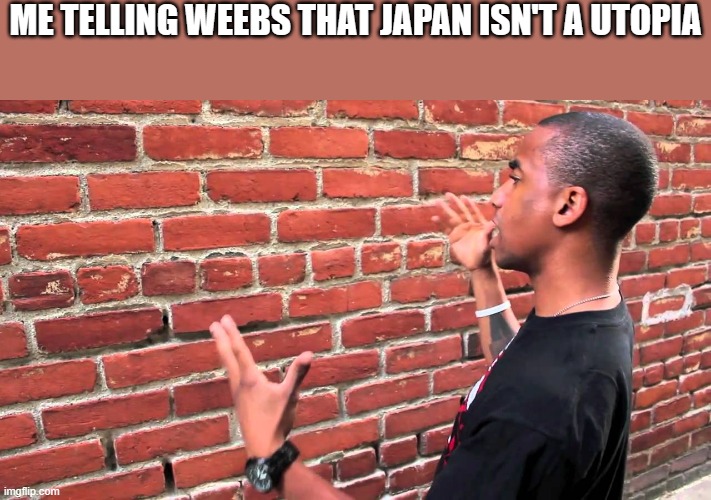 Talking to wall | ME TELLING WEEBS THAT JAPAN ISN'T A UTOPIA | image tagged in talking to wall | made w/ Imgflip meme maker