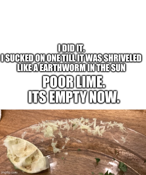 It makes it taste better! | I DID IT.
I SUCKED ON ONE TILL IT WAS SHRIVELED LIKE A EARTHWORM IN THE SUN; POOR LIME. ITS EMPTY NOW. | image tagged in empty lime | made w/ Imgflip meme maker