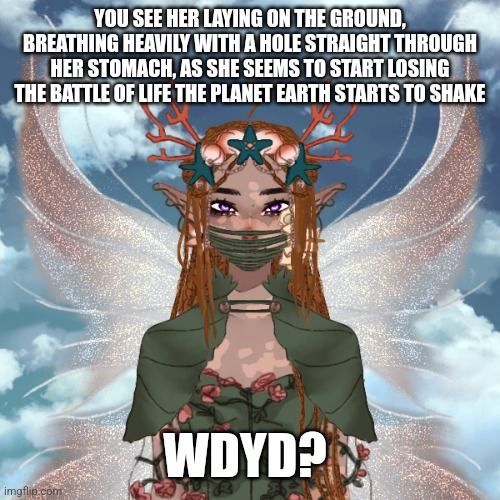 Hello | YOU SEE HER LAYING ON THE GROUND, BREATHING HEAVILY WITH A HOLE STRAIGHT THROUGH HER STOMACH, AS SHE SEEMS TO START LOSING THE BATTLE OF LIFE THE PLANET EARTH STARTS TO SHAKE; WDYD? | image tagged in no joke,kids are ok,romance allowed,no erp,memechat ok | made w/ Imgflip meme maker